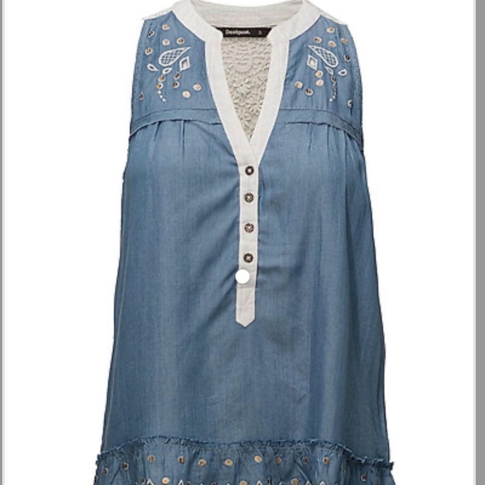 Desigual Blue Sleeveless Embroidered Tunic with White Trim